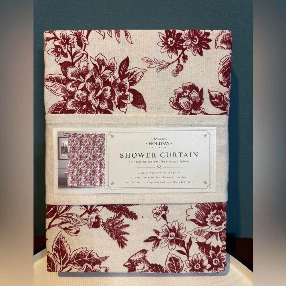 NWT Envogue Christmas Holiday Shower Curtain - Dark Red Cardinal Floral Toile